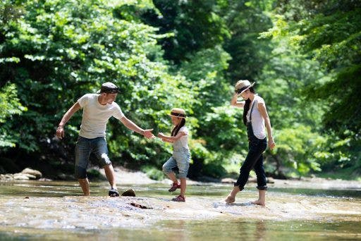 Family happily crossing a river on foot.