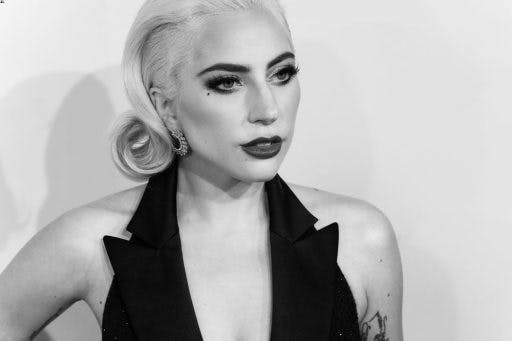 Black and white photo of Lady Gaga.
