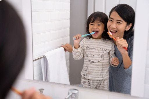 Mother and daughter happily brushing teeth in front of a mirror. 